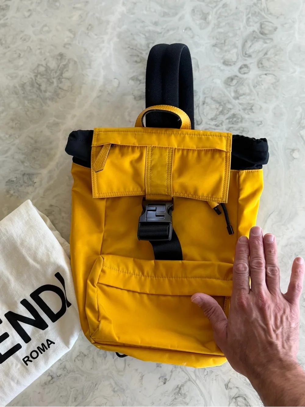 Fendi Men's Yellow Nylon sling back Backpack with FF Signature Buckle